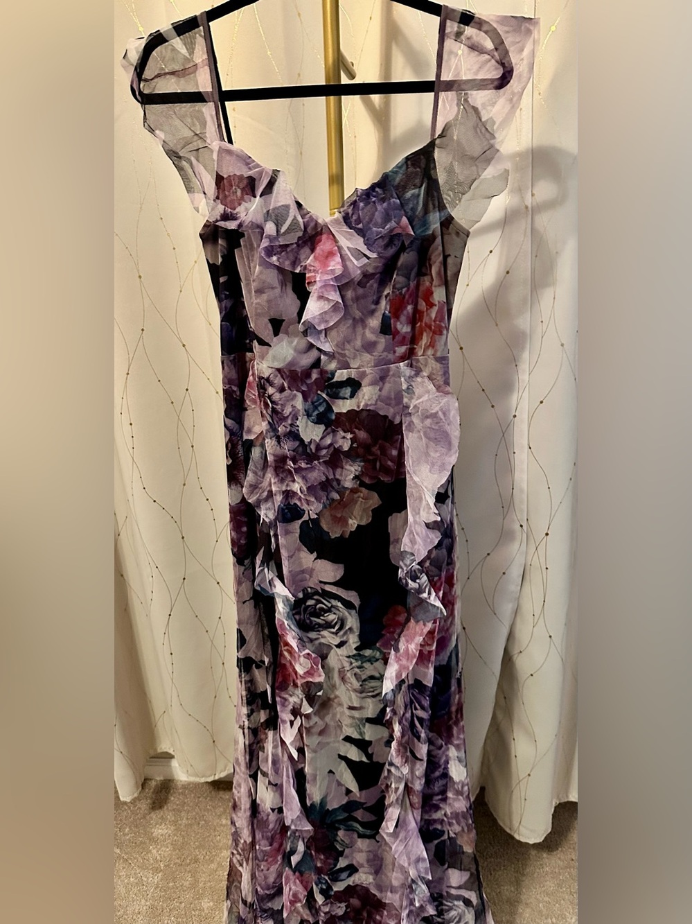 Lipsy Purple V-Neck Floral Maxi Dress with Ruffles Sz 12
